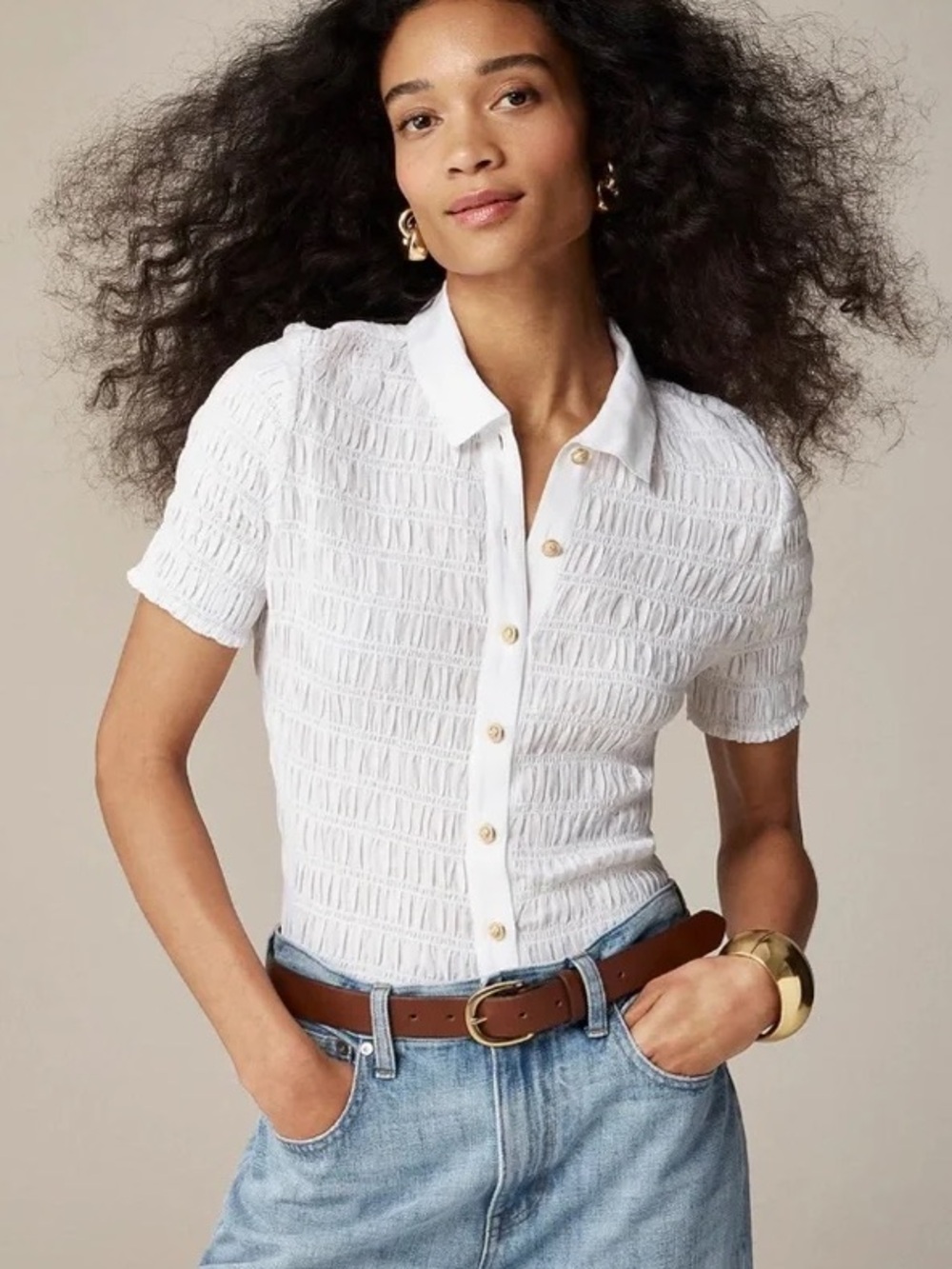 J. Crew Smocked Button Up Shirt in Cotton Blend Voile White Preppy Medium